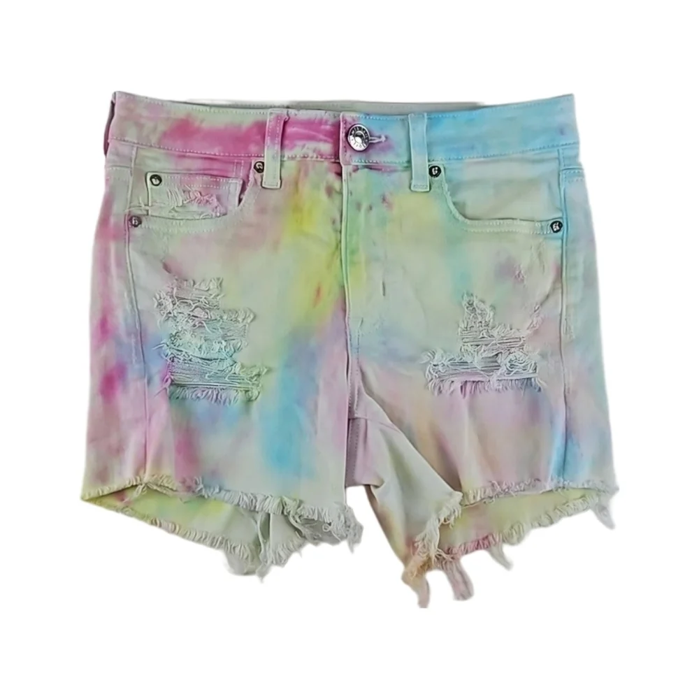 American Eagle Jean Shorts Pastel Tie Dye Denim, Distressed Pockets & Hemline - Picture 1 of 5